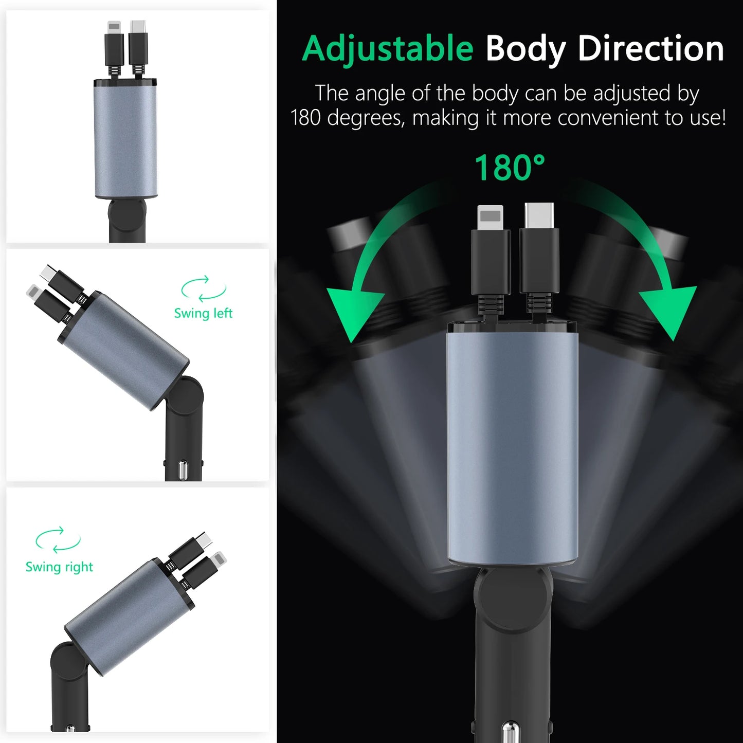 Retractable Car Charger (Type C/Lightening Cable)