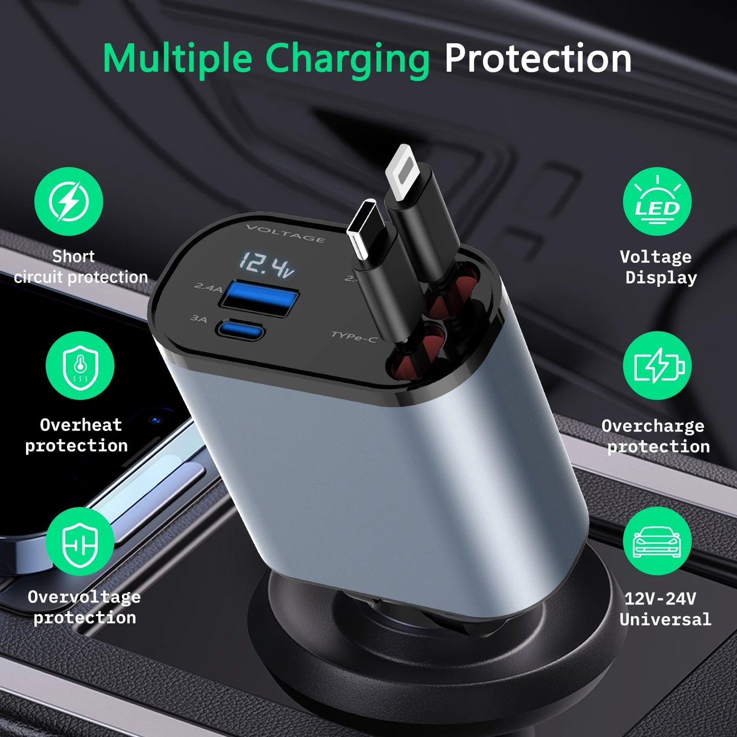Retractable Car Charger (Type C/Lightening Cable)